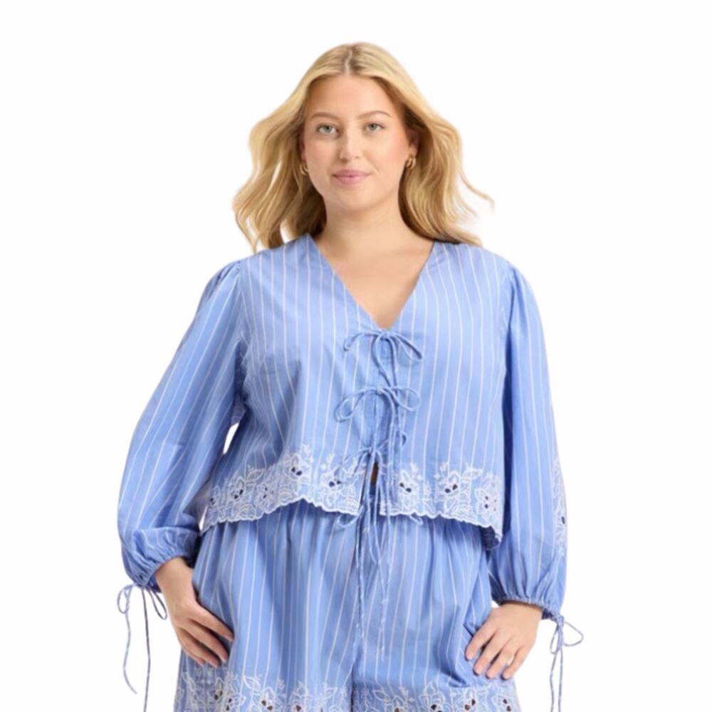 Future Collective Blouse Women's 2X Long Sleeve Eyelet Tie-Front Poplin Blue